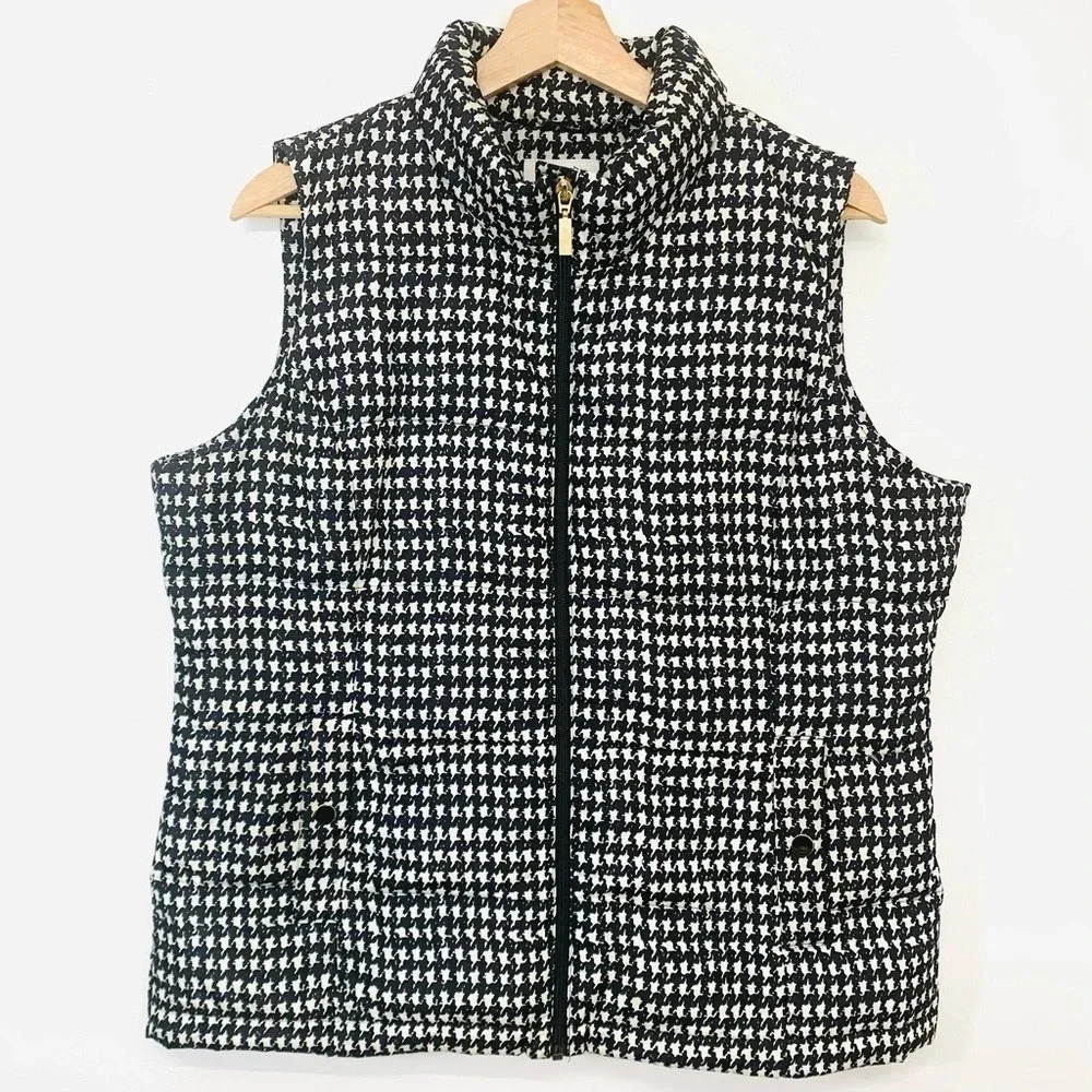 Charter Club Puffer Vest Woman Large Full Zip Black Houndstooth Pockets Packable